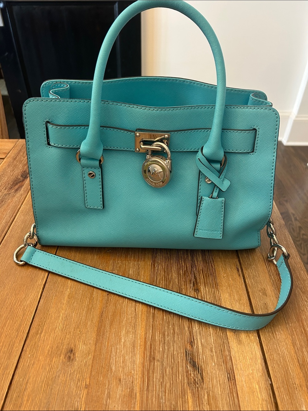 Michael Kors Turquoise Saffiano Leather Satchel with Silver Hardware